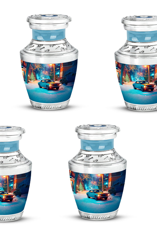 Charcoal Gray Car Cremation Urn back view with polished surface - modern art-inspired car motif on sleek aluminum - 10 inch aluminum urn for cremated remains