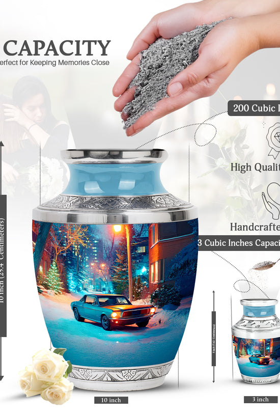 Pewter Gray Car Cremation Urn top-down view of secure threaded lid - modern art-inspired car motif on sleek aluminum - mini keepsake memorial for portion of cremation ashes