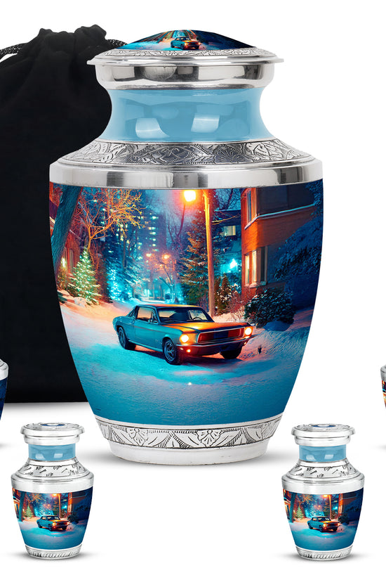 Ash Gray Car Cremation Urn lifestyle display on memorial shelf - artistic car interpretation with creative detail - memorial set with one large and four small urns
