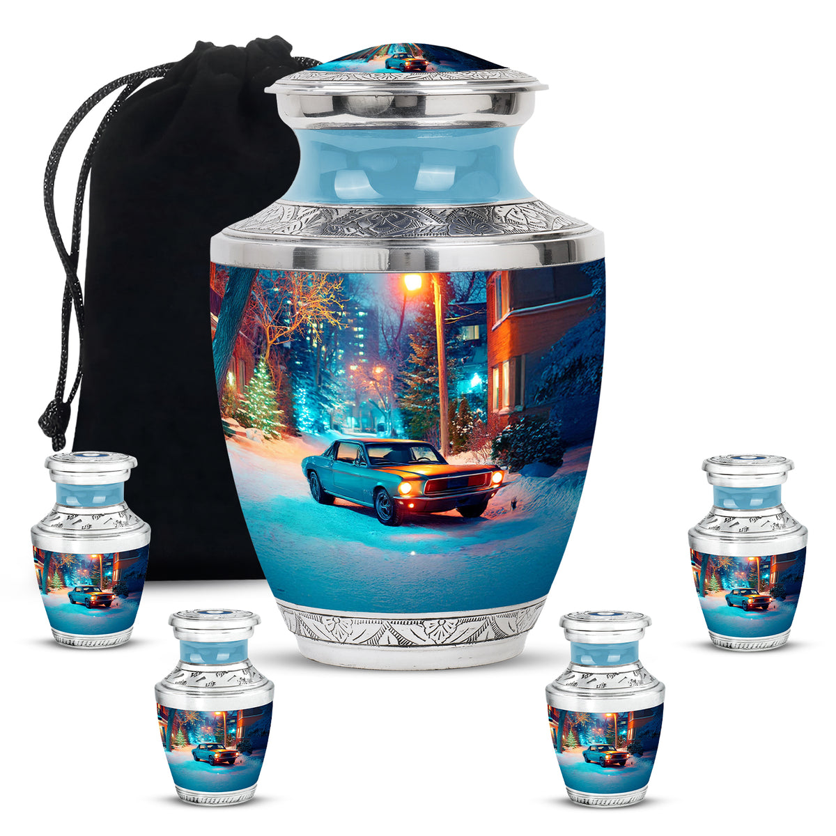 Ash Gray Car Cremation Urn lifestyle display on memorial shelf - artistic car interpretation with creative detail - memorial set with one large and four small urns