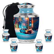 Ash Gray Car Cremation Urn lifestyle display on memorial shelf - artistic car interpretation with creative detail - memorial set with one large and four small urns