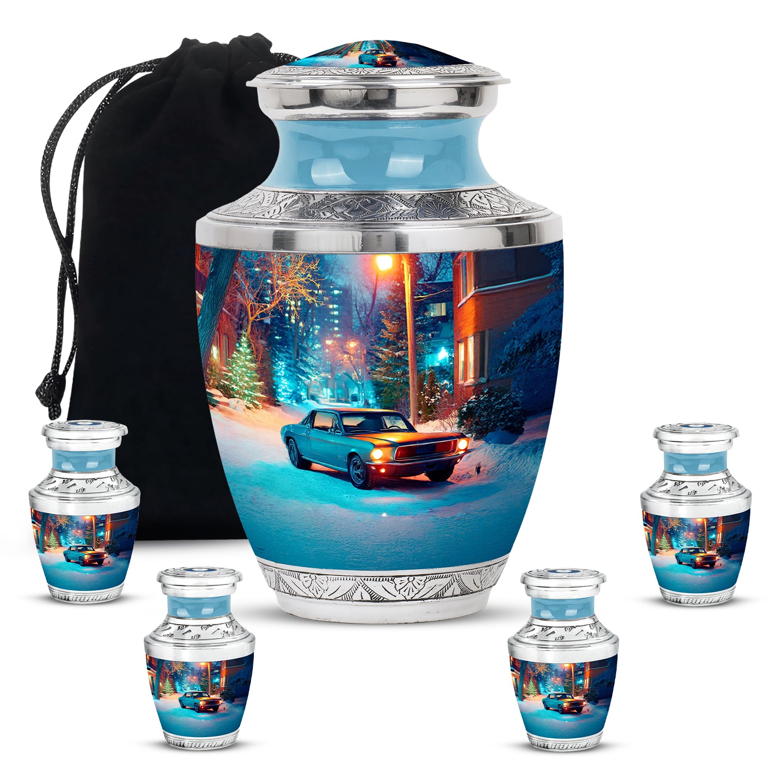 Ash Gray Car Cremation Urn lifestyle display on memorial shelf - artistic car interpretation with creative detail - memorial set with one large and four small urns
