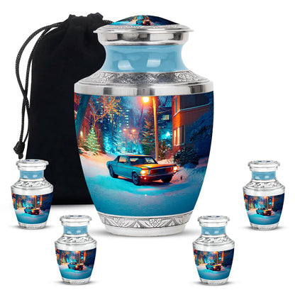 Ash Gray Car Cremation Urn lifestyle display on memorial shelf - artistic car interpretation with creative detail - memorial set with one large and four small urns