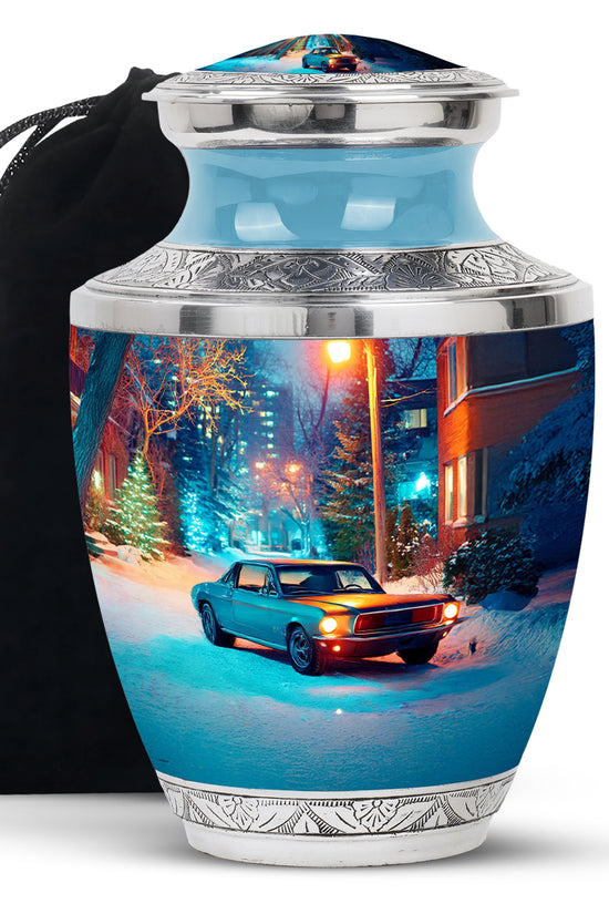 Silver Gray Car Cremation Urn side profile showing urn shape - contemporary car design with modern artistic flair - full-size 10 inch 200 cubic inch adult cremation urn