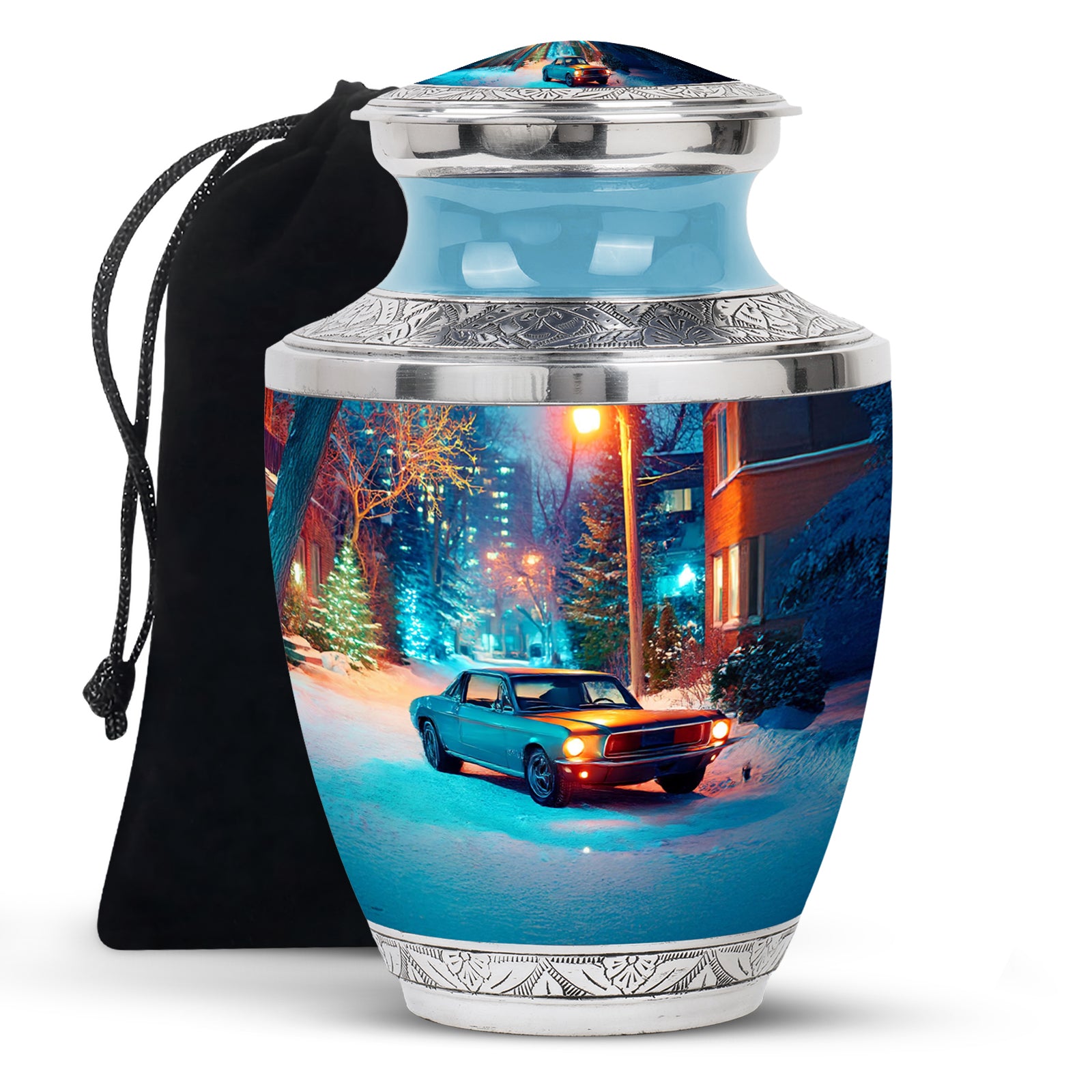 Silver Gray Car Cremation Urn side profile showing urn shape - contemporary car design with modern artistic flair - full-size 10 inch 200 cubic inch adult cremation urn