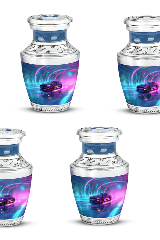 Cornflower Blue Car Cremation Urn back view with polished surface - artistic car interpretation with creative detail - 10 inch aluminum urn for cremated remains