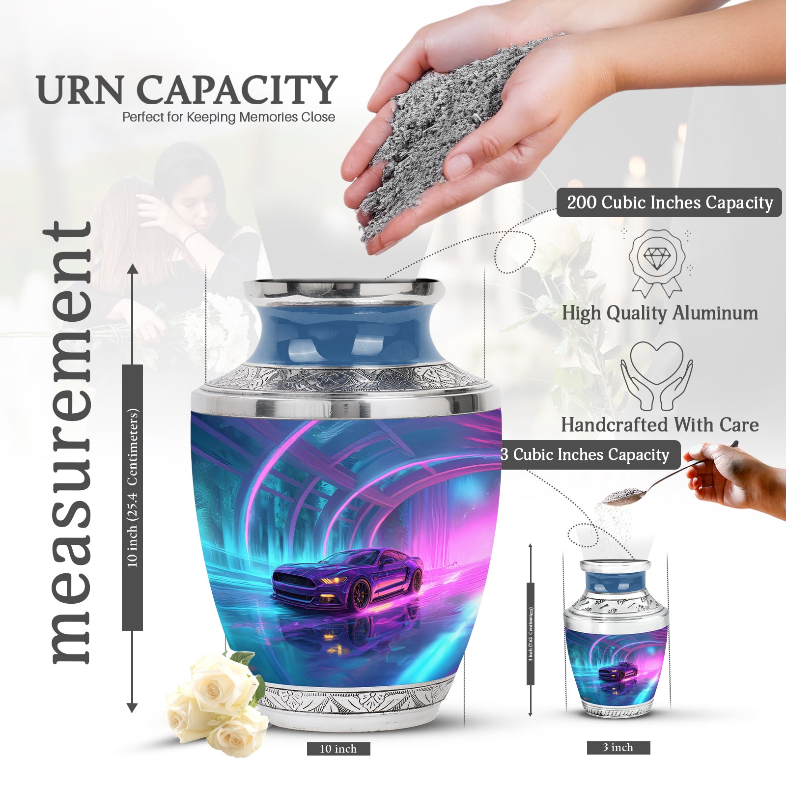 Azure Car Cremation Urn top-down view of secure threaded lid - contemporary car design with modern artistic flair - mini keepsake memorial for portion of cremation ashes