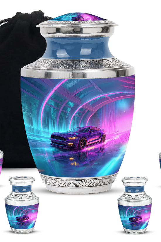 Twilight Blue Car Cremation Urn lifestyle display on memorial shelf - stylized abstract car pattern with bold lines - memorial set with one large and four small urns