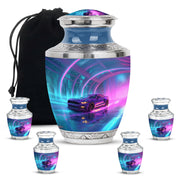 Twilight Blue Car Cremation Urn lifestyle display on memorial shelf - stylized abstract car pattern with bold lines - memorial set with one large and four small urns