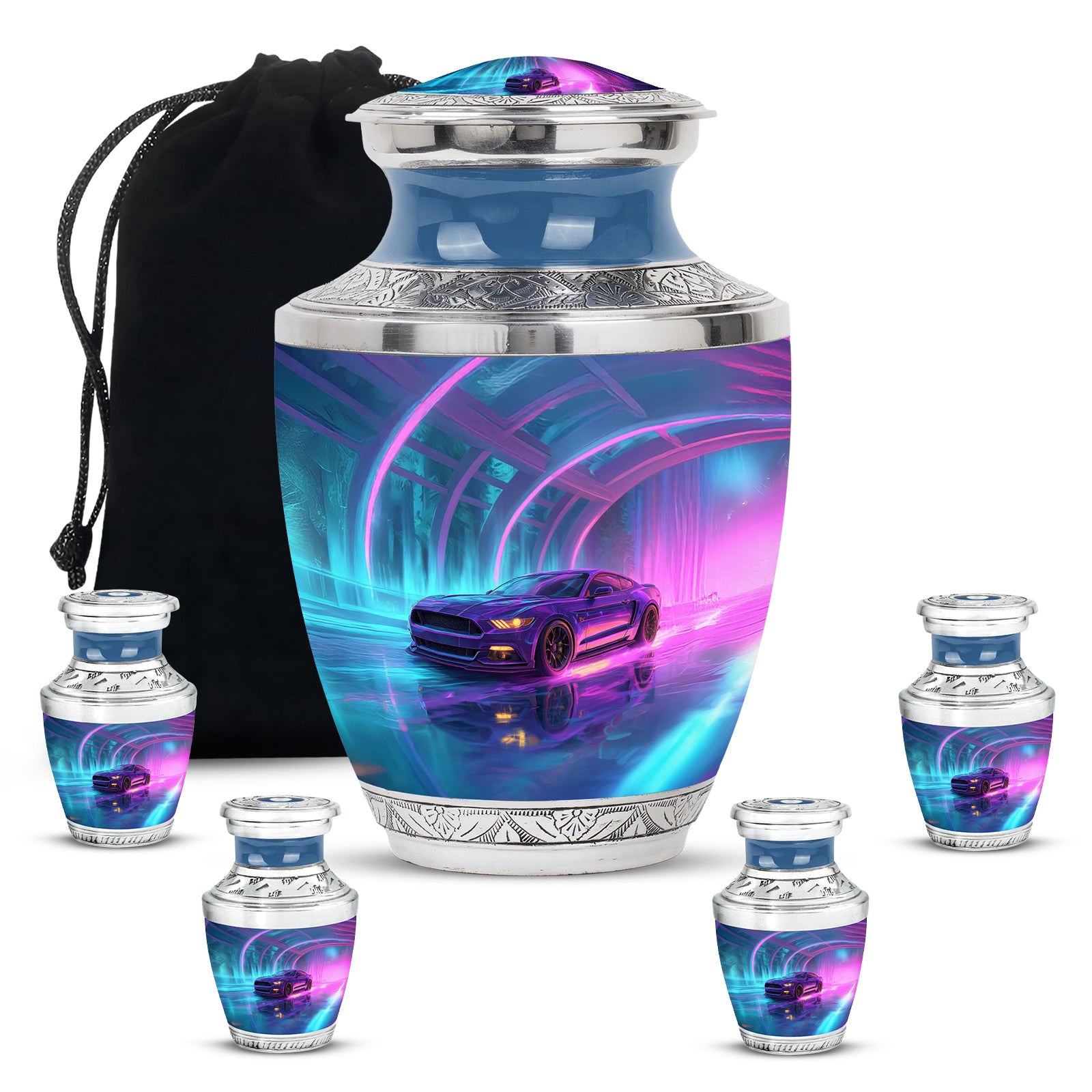 Twilight Blue Car Cremation Urn lifestyle display on memorial shelf - stylized abstract car pattern with bold lines - memorial set with one large and four small urns