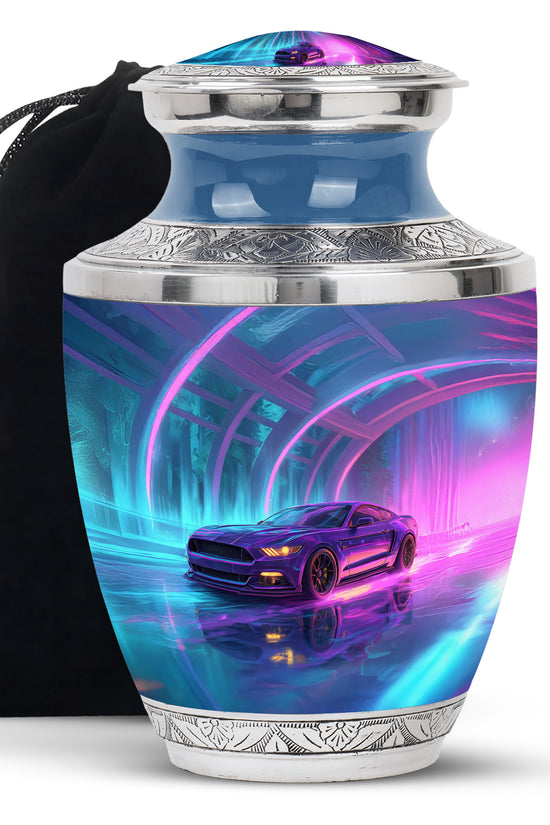 Celestial Blue Car Cremation Urn side profile showing urn shape - contemporary car design with modern artistic flair - full-size 10 inch 200 cubic inch adult cremation urn