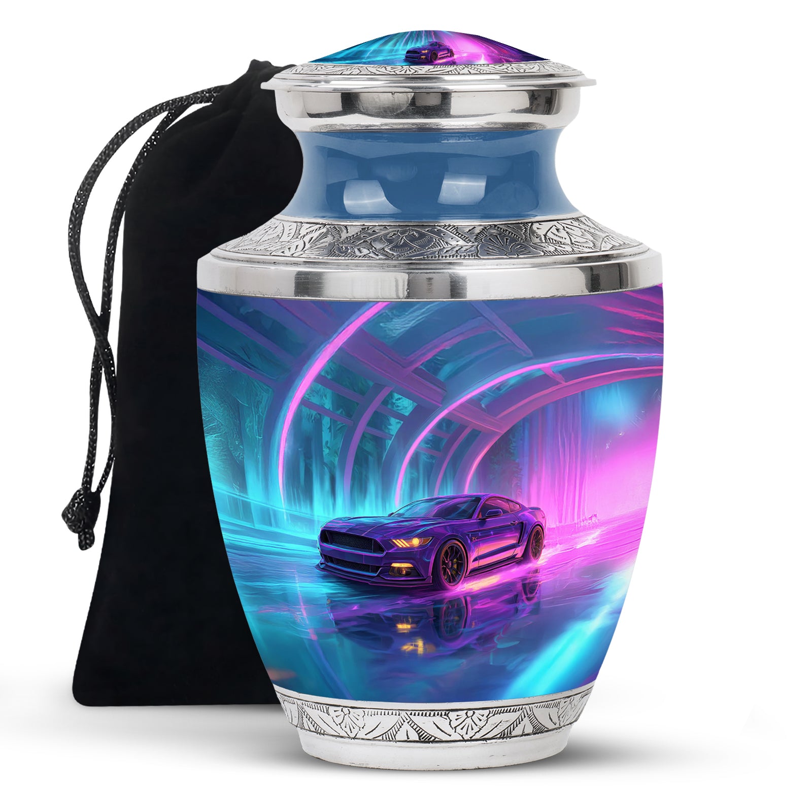 Celestial Blue Car Cremation Urn side profile showing urn shape - contemporary car design with modern artistic flair - full-size 10 inch 200 cubic inch adult cremation urn