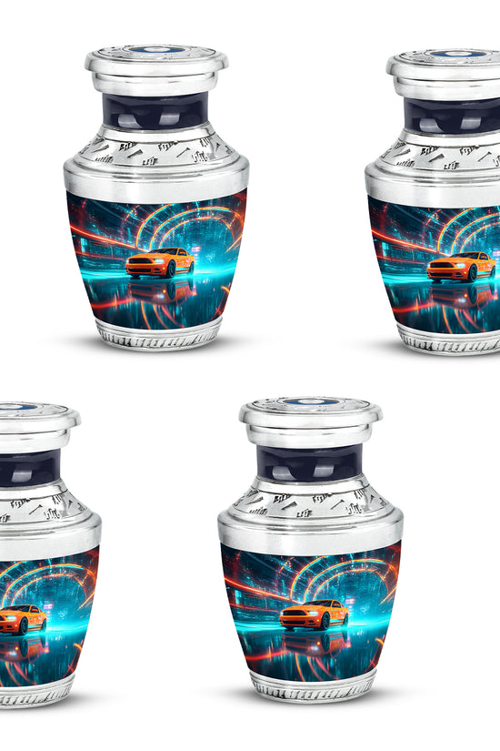 Soft Blue Car Cremation Urn back view with polished surface - stylized abstract car pattern with bold lines - 10 inch aluminum urn for cremated remains