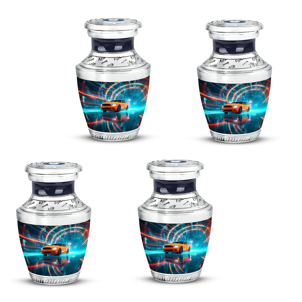 Soft Blue Car Cremation Urn back view with polished surface - stylized abstract car pattern with bold lines - 10 inch aluminum urn for cremated remains