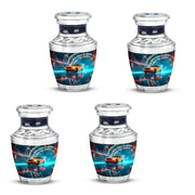 Soft Blue Car Cremation Urn back view with polished surface - stylized abstract car pattern with bold lines - 10 inch aluminum urn for cremated remains