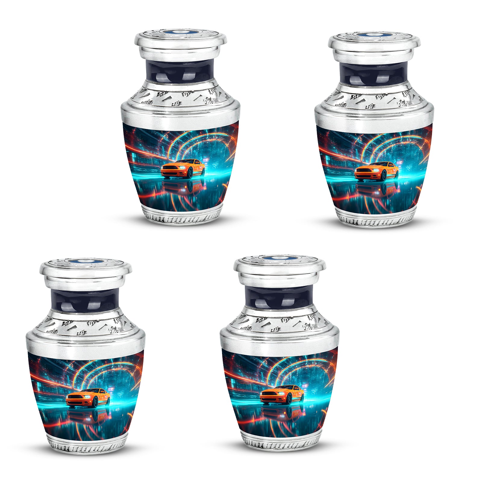 Soft Blue Car Cremation Urn back view with polished surface - stylized abstract car pattern with bold lines - 10 inch aluminum urn for cremated remains