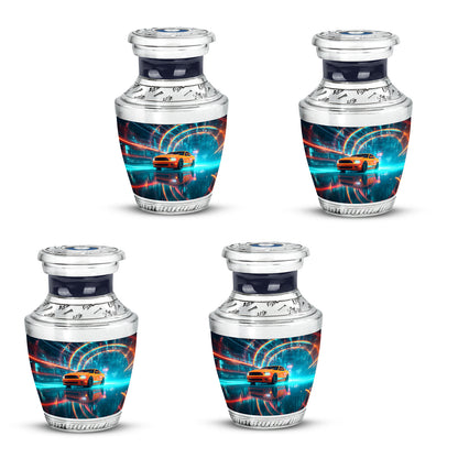 Soft Blue Car Cremation Urn back view with polished surface - stylized abstract car pattern with bold lines - 10 inch aluminum urn for cremated remains