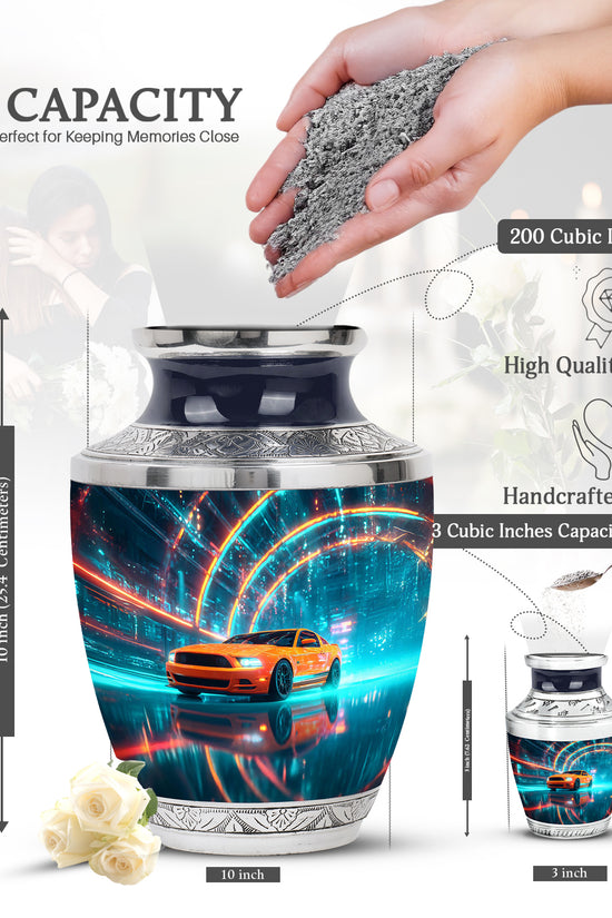Soft Blue Car Cremation Urn top-down view of secure threaded lid - artistic car interpretation with creative detail - mini keepsake memorial for portion of cremation ashes