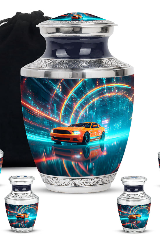Misty Blue Car Cremation Urn lifestyle display on memorial shelf - modern art-inspired car motif on sleek aluminum - memorial set with one large and four small urns