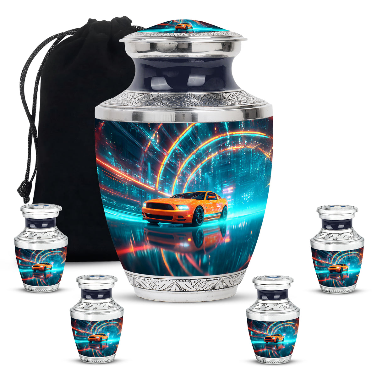 Misty Blue Car Cremation Urn lifestyle display on memorial shelf - modern art-inspired car motif on sleek aluminum - memorial set with one large and four small urns
