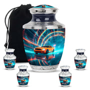 Misty Blue Car Cremation Urn lifestyle display on memorial shelf - modern art-inspired car motif on sleek aluminum - memorial set with one large and four small urns