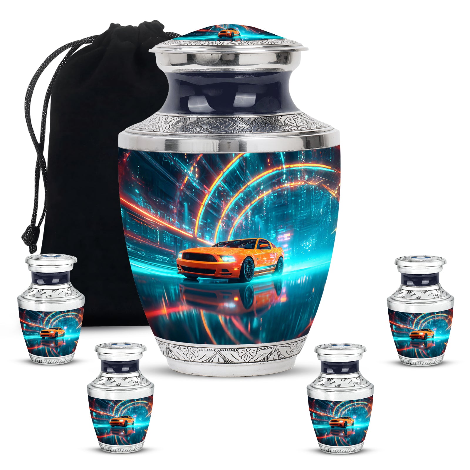 Misty Blue Car Cremation Urn lifestyle display on memorial shelf - modern art-inspired car motif on sleek aluminum - memorial set with one large and four small urns