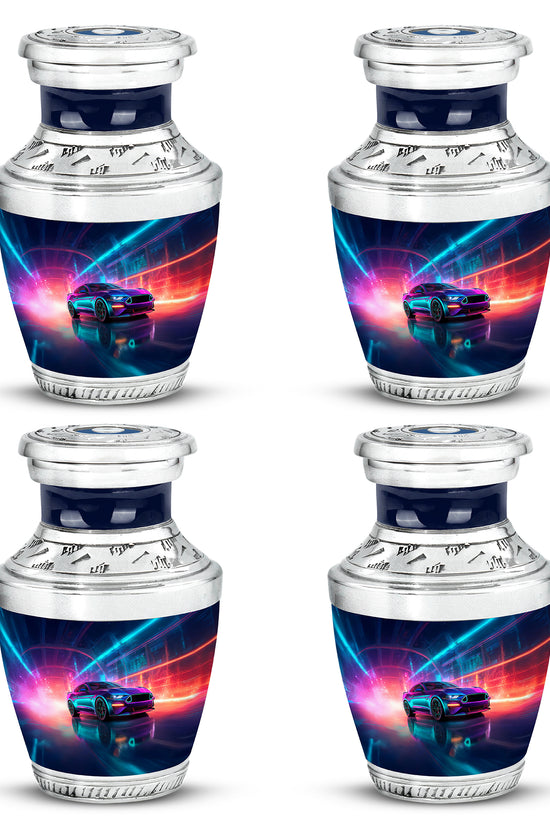 Steel Blue Car Cremation Urn back view with polished surface - stylized abstract car pattern with bold lines - 10 inch aluminum urn for cremated remains