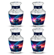 Steel Blue Car Cremation Urn back view with polished surface - stylized abstract car pattern with bold lines - 10 inch aluminum urn for cremated remains