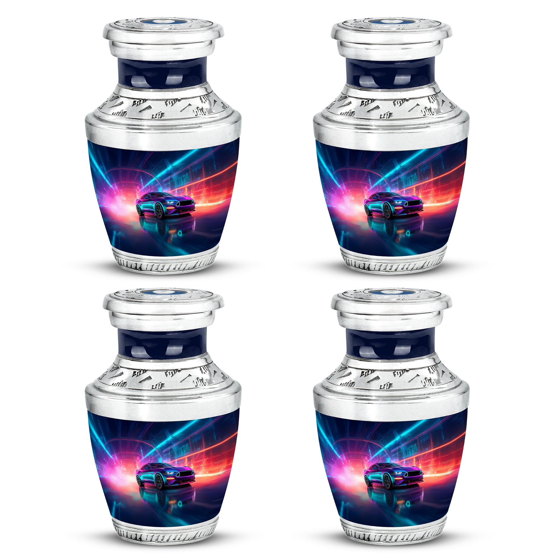 Steel Blue Car Cremation Urn back view with polished surface - stylized abstract car pattern with bold lines - 10 inch aluminum urn for cremated remains