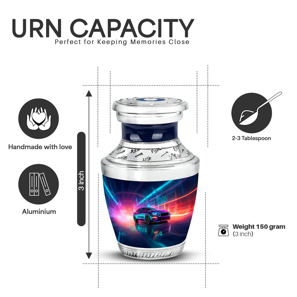 Navy Blue Car Cremation Urn top-down view of secure threaded lid - modern art-inspired car motif on sleek aluminum - mini keepsake memorial for portion of cremation ashes