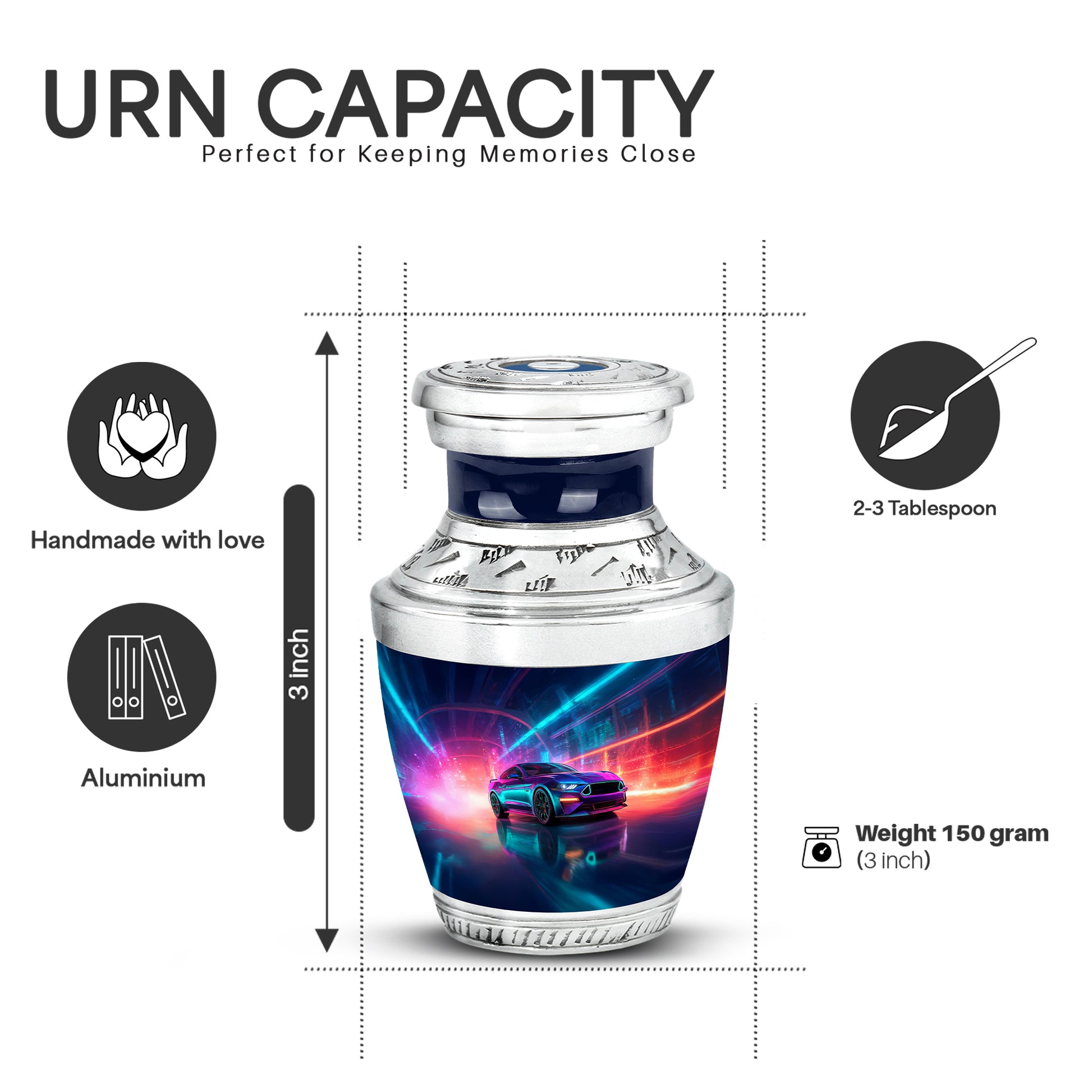 Navy Blue Car Cremation Urn top-down view of secure threaded lid - modern art-inspired car motif on sleek aluminum - mini keepsake memorial for portion of cremation ashes