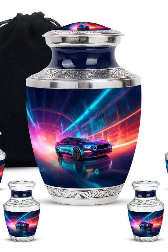 Pastel Blue Car Cremation Urn lifestyle display on memorial shelf - modern art-inspired car motif on sleek aluminum - memorial set with one large and four small urns