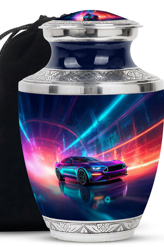 Pastel Blue Car Cremation Urn side profile showing urn shape - modern art-inspired car motif on sleek aluminum - full-size 10 inch 200 cubic inch adult cremation urn