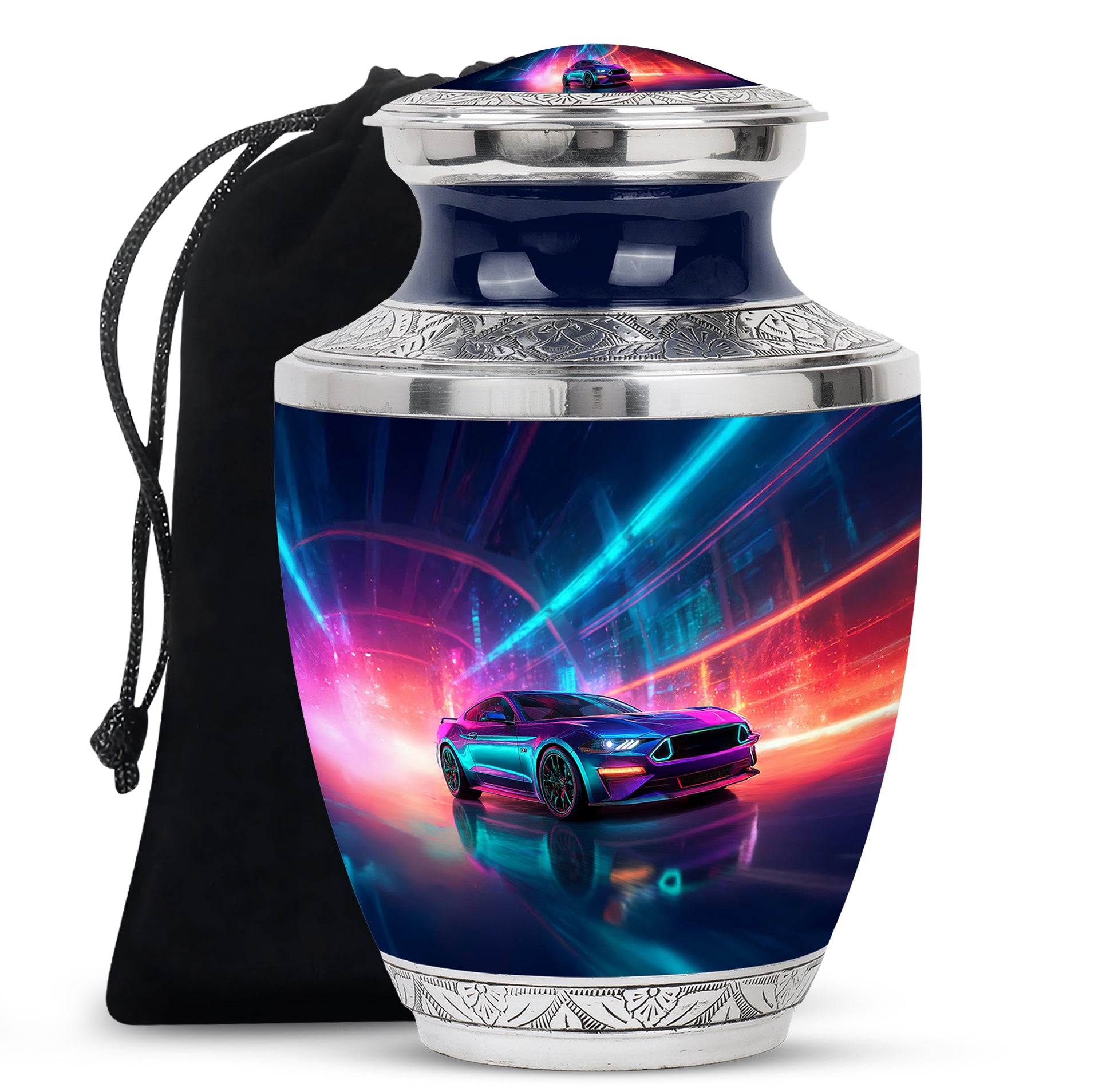 Pastel Blue Car Cremation Urn side profile showing urn shape - modern art-inspired car motif on sleek aluminum - full-size 10 inch 200 cubic inch adult cremation urn