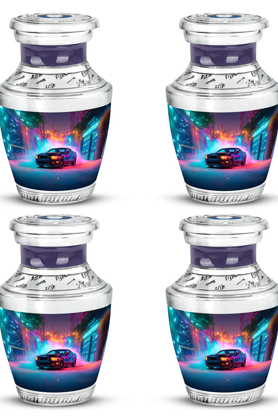 Bright Blue Car Cremation Urn back view with polished surface - stylized abstract car pattern with bold lines - 10 inch aluminum urn for cremated remains