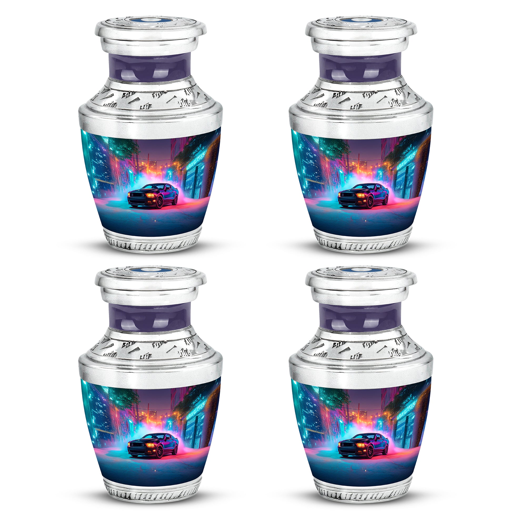 Bright Blue Car Cremation Urn back view with polished surface - stylized abstract car pattern with bold lines - 10 inch aluminum urn for cremated remains