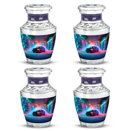 Bright Blue Car Cremation Urn back view with polished surface - stylized abstract car pattern with bold lines - 10 inch aluminum urn for cremated remains