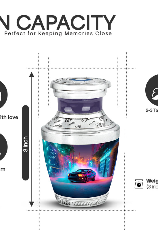 Cornflower Blue Car Cremation Urn top-down view of secure threaded lid - artistic car interpretation with creative detail - mini keepsake memorial for portion of cremation ashes