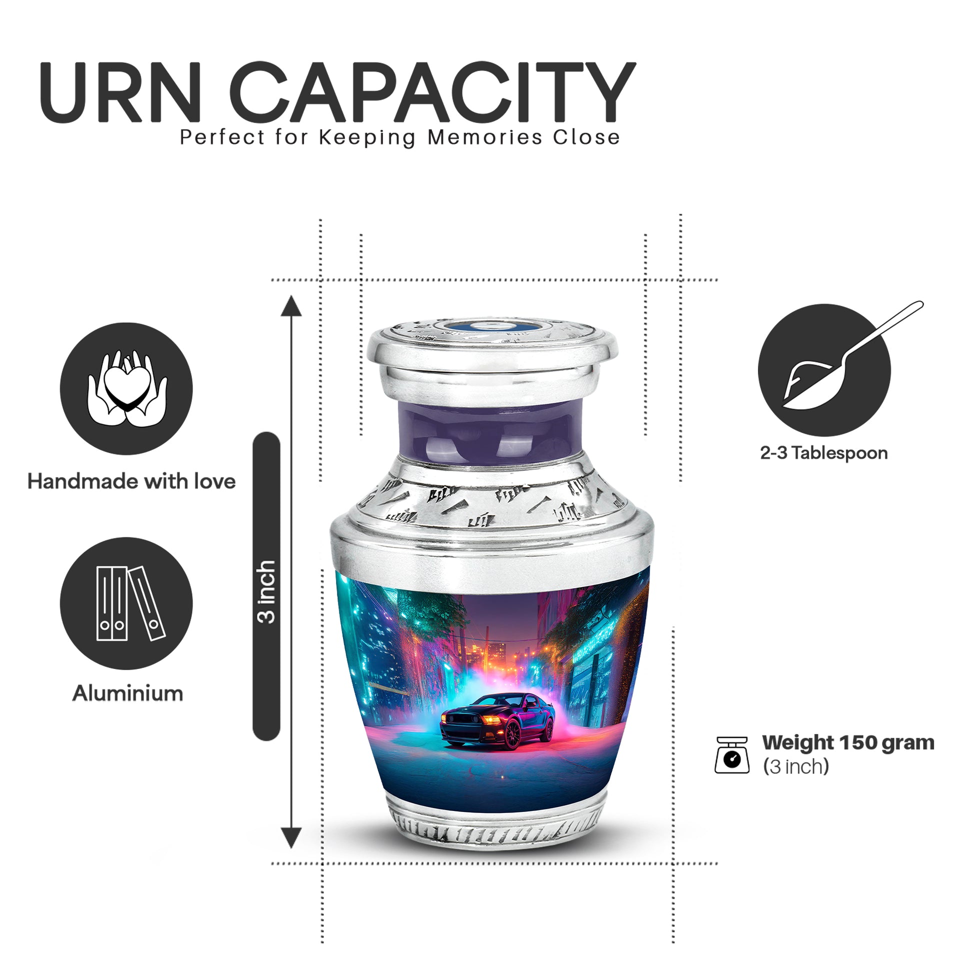 Cornflower Blue Car Cremation Urn top-down view of secure threaded lid - artistic car interpretation with creative detail - mini keepsake memorial for portion of cremation ashes