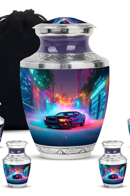 Twilight Blue Car Cremation Urn lifestyle display on memorial shelf - stylized abstract car pattern with bold lines - memorial set with one large and four small urns