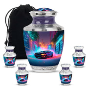 Twilight Blue Car Cremation Urn lifestyle display on memorial shelf - stylized abstract car pattern with bold lines - memorial set with one large and four small urns