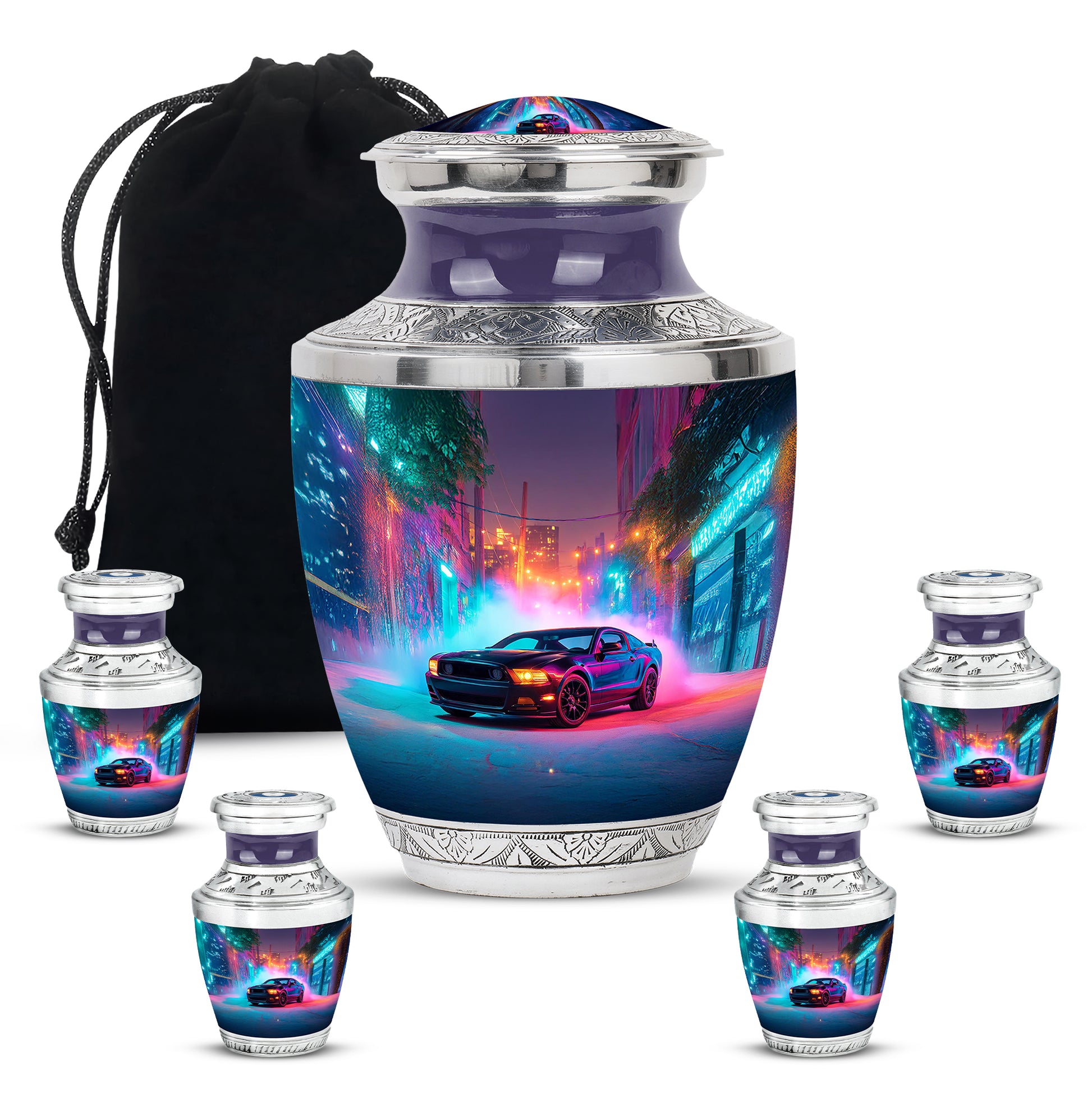 Twilight Blue Car Cremation Urn lifestyle display on memorial shelf - stylized abstract car pattern with bold lines - memorial set with one large and four small urns
