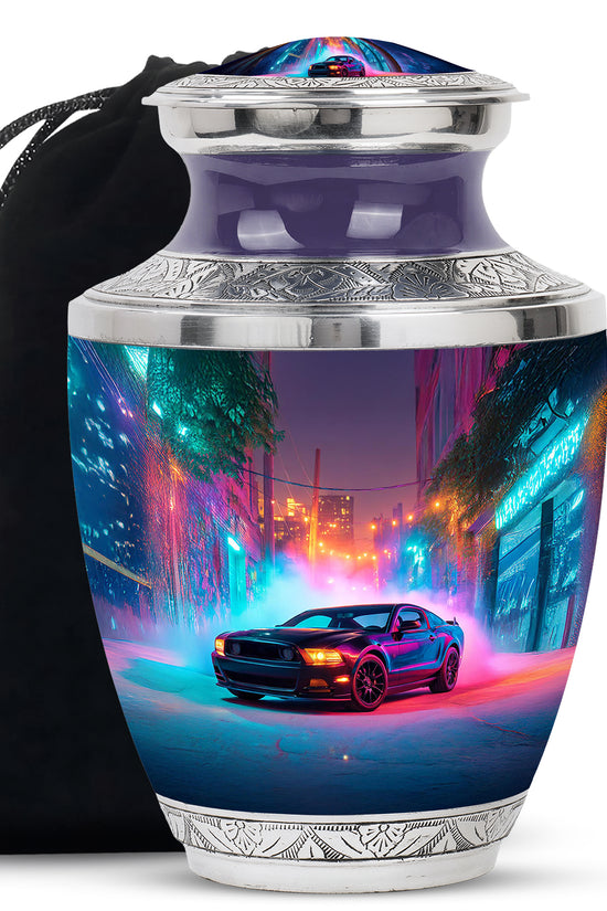 Misty Blue Car Cremation Urn side profile showing urn shape - modern art-inspired car motif on sleek aluminum - full-size 10 inch 200 cubic inch adult cremation urn