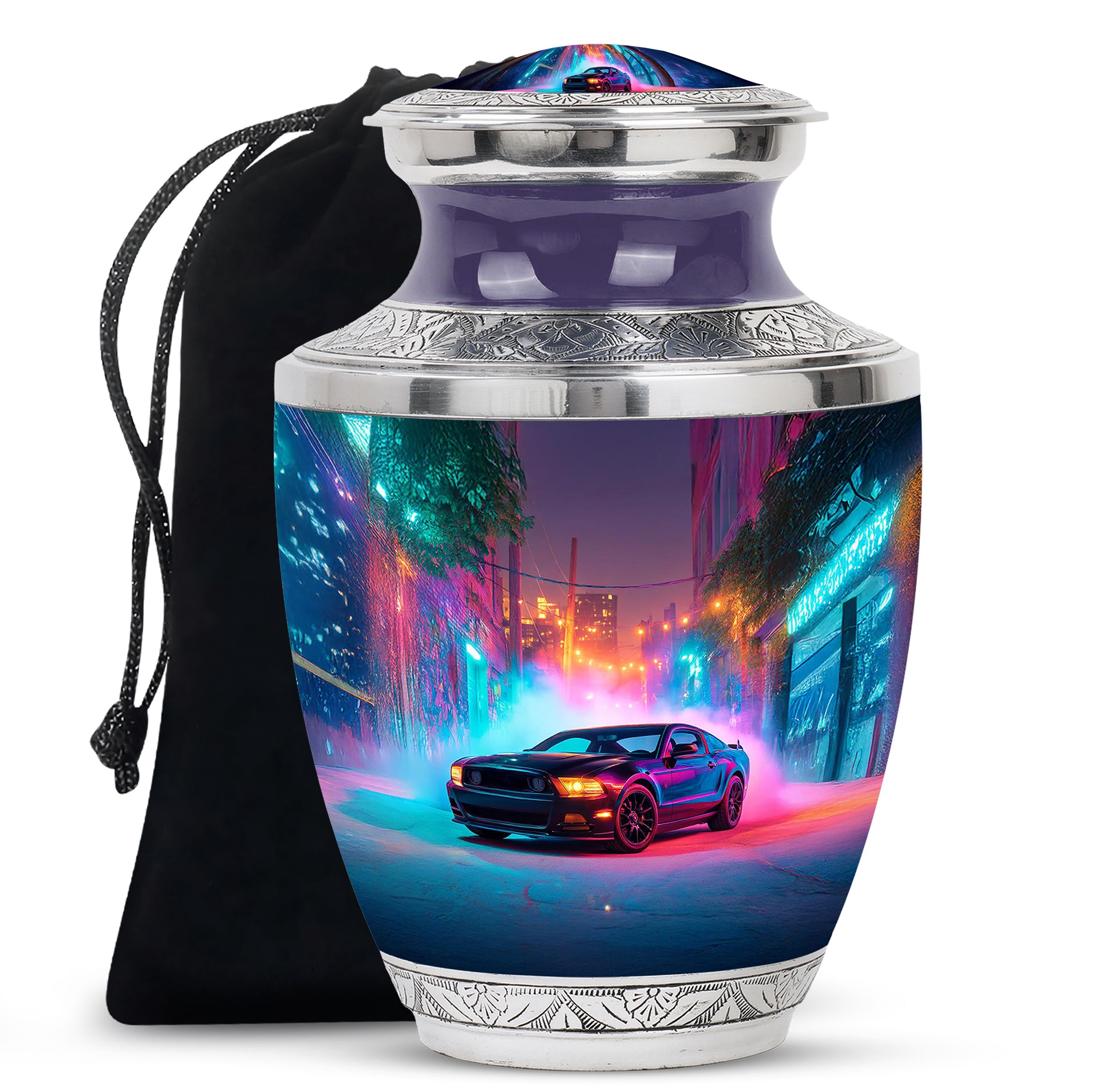 Misty Blue Car Cremation Urn side profile showing urn shape - modern art-inspired car motif on sleek aluminum - full-size 10 inch 200 cubic inch adult cremation urn