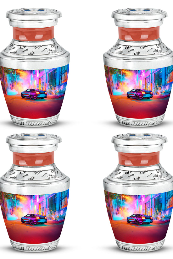Plum Purple Car Cremation Urn back view with polished surface - modern art-inspired car motif on sleek aluminum - 10 inch aluminum urn for cremated remains