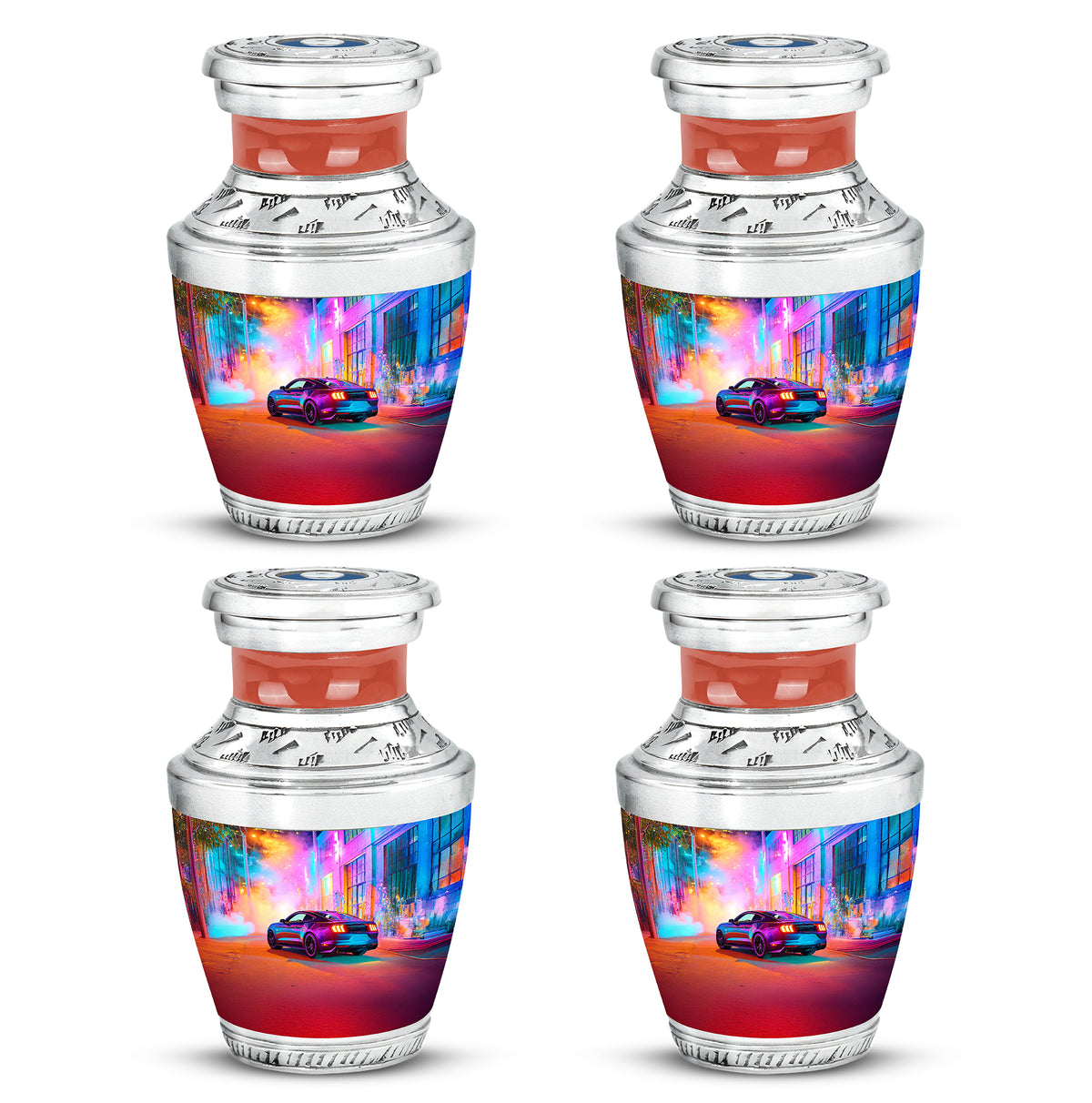 Plum Purple Car Cremation Urn back view with polished surface - modern art-inspired car motif on sleek aluminum - 10 inch aluminum urn for cremated remains