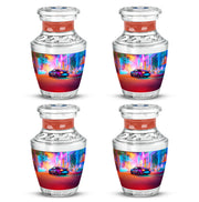 Plum Purple Car Cremation Urn back view with polished surface - modern art-inspired car motif on sleek aluminum - 10 inch aluminum urn for cremated remains