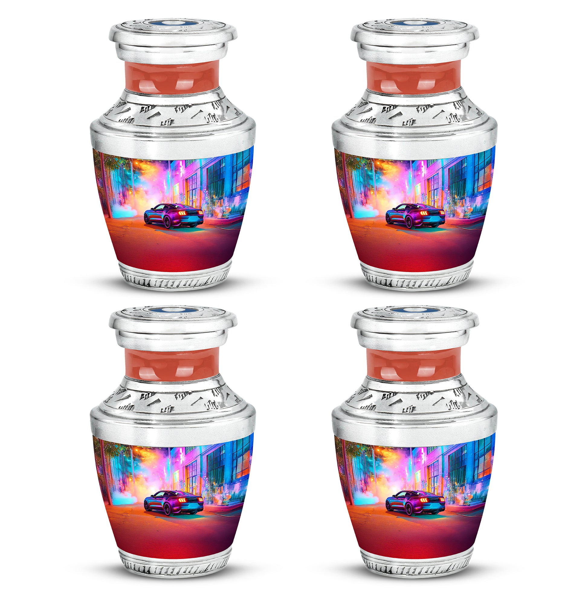 Plum Purple Car Cremation Urn back view with polished surface - modern art-inspired car motif on sleek aluminum - 10 inch aluminum urn for cremated remains