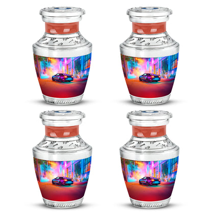 Plum Purple Car Cremation Urn back view with polished surface - modern art-inspired car motif on sleek aluminum - 10 inch aluminum urn for cremated remains