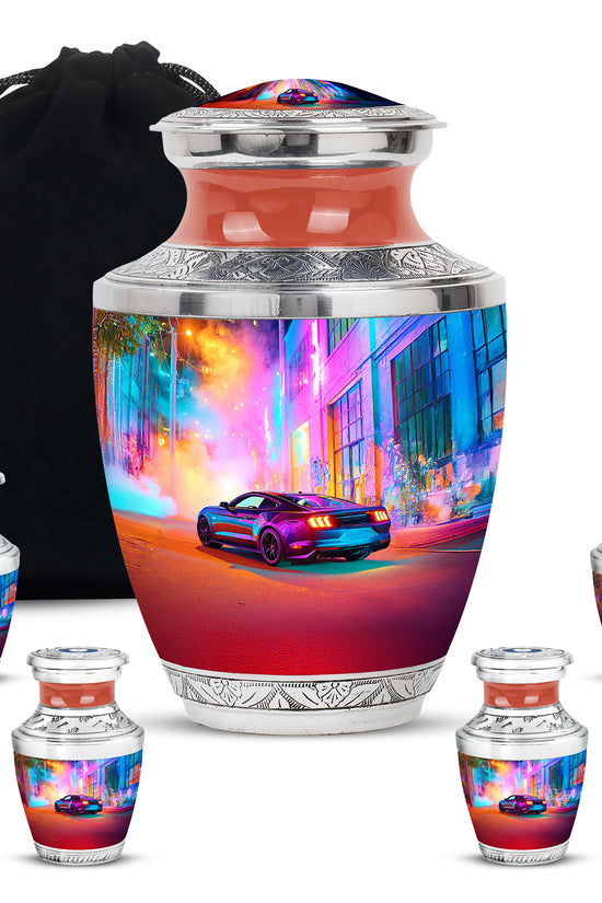 Twilight Purple Car Cremation Urn lifestyle display on memorial shelf - stylized abstract car pattern with bold lines - memorial set with one large and four small urns